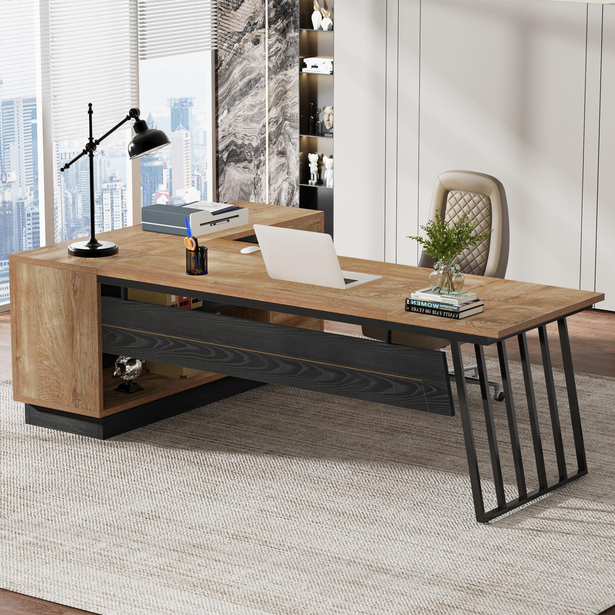 71-Inch L-Shaped Executive Desk with Cabinet L255095