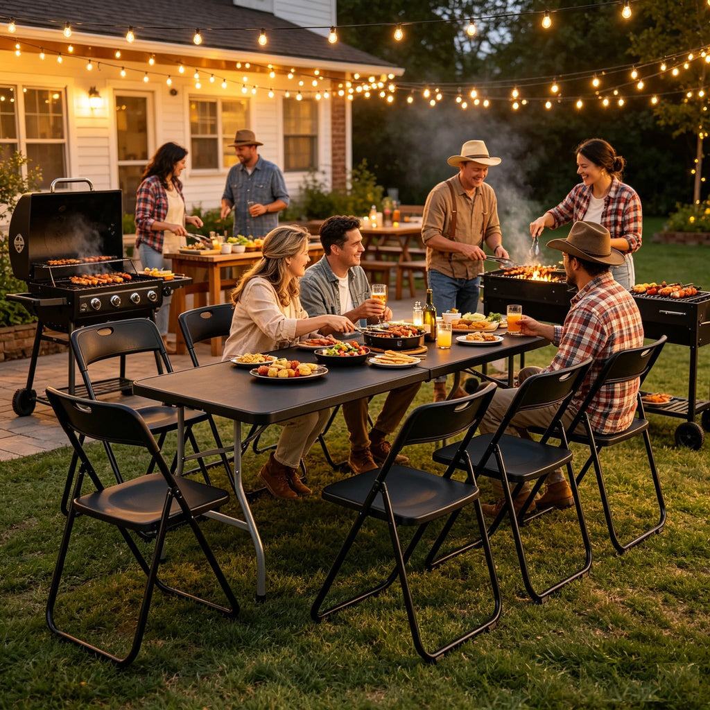 Black 8 Feet Foldable Picnic Table with 10 Folding Chairs N97281