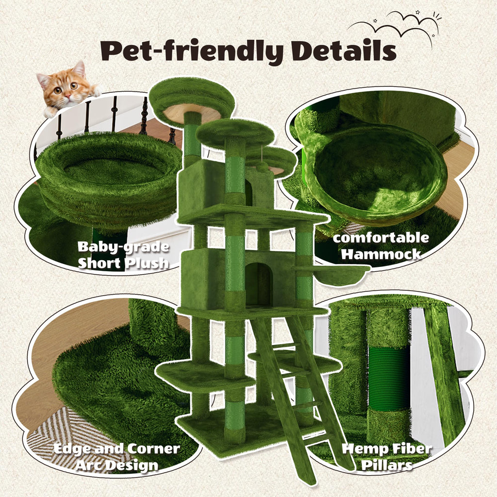 70.87" Green Multi-Level Cat Tree with Condos and Hammock V90903