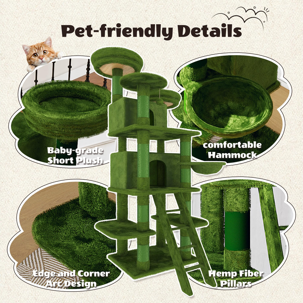 70.87" Green Multi-Level Cat Tree with Condos and Hammock V90903