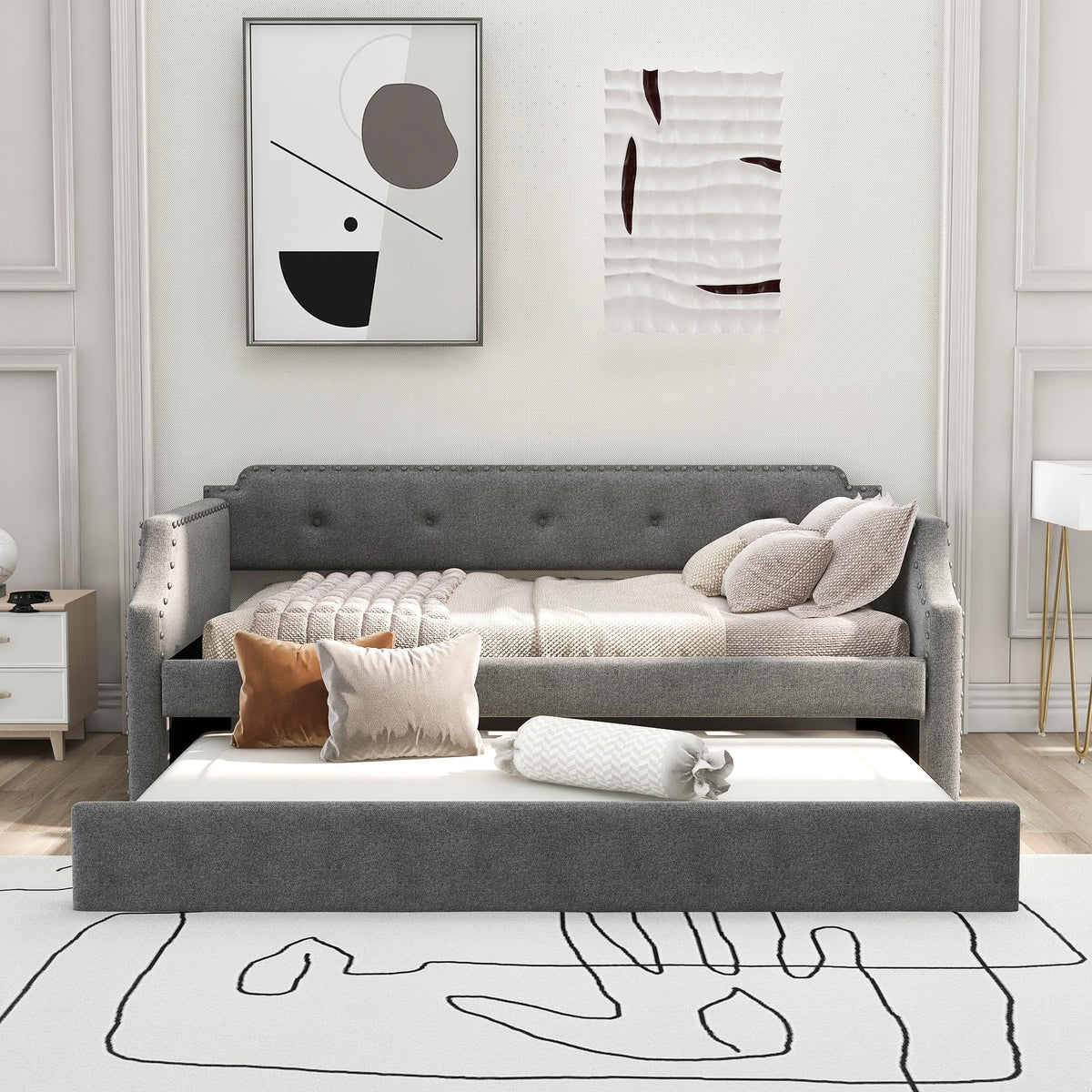 Gray Linen Upholstered Twin Daybed with Trundle Q688320