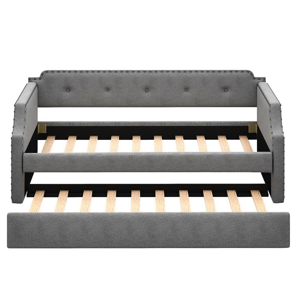 Gray Linen Upholstered Twin Daybed with Trundle Q688320