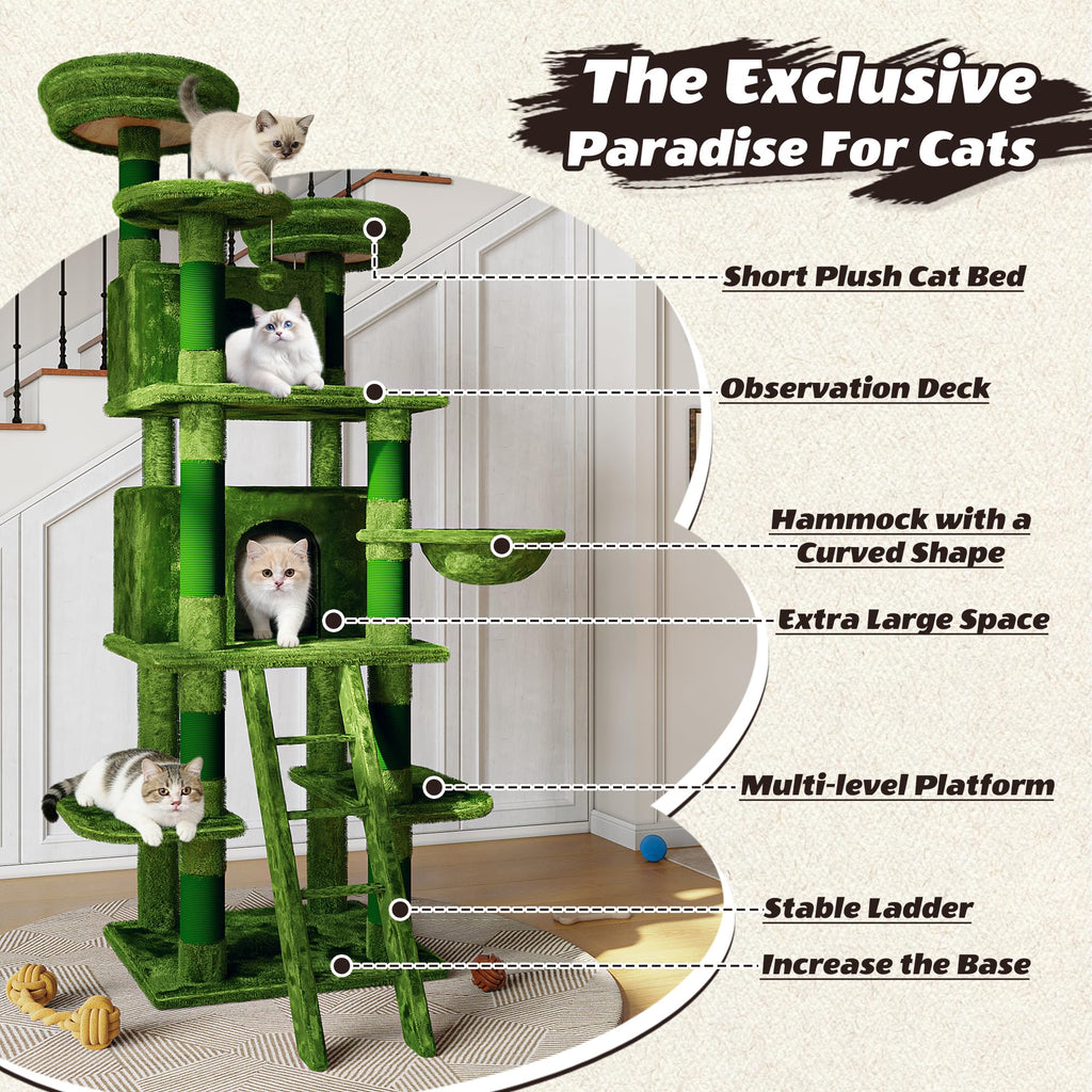 70.87" Green Multi-Level Cat Tree with Condos and Hammock V90903