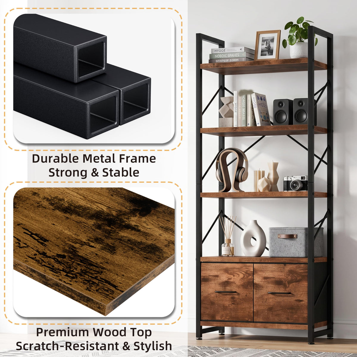 5 Tier Wood Bookshelf with Drawer P270140
