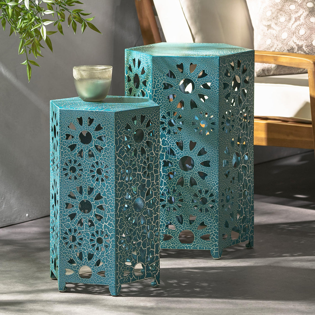 Teal Metal Garden Stool Side Table S44457