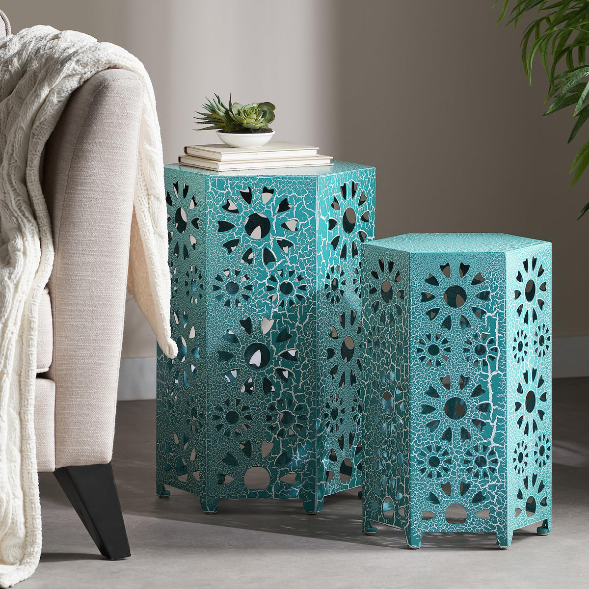 Teal Metal Garden Stool Side Table S44457